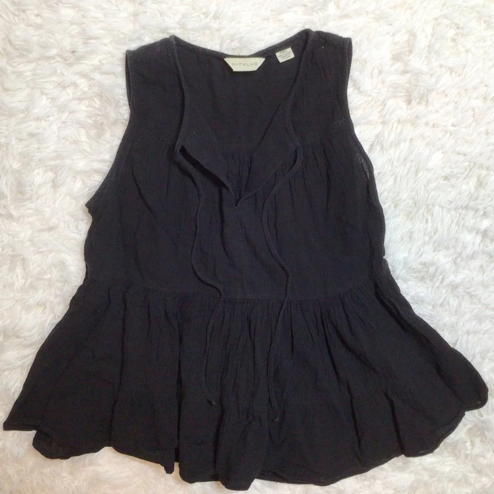 11 1 TYLHO Anthropologie Gauze Peplum Tiered Black Ruffle Witchy Festival S M